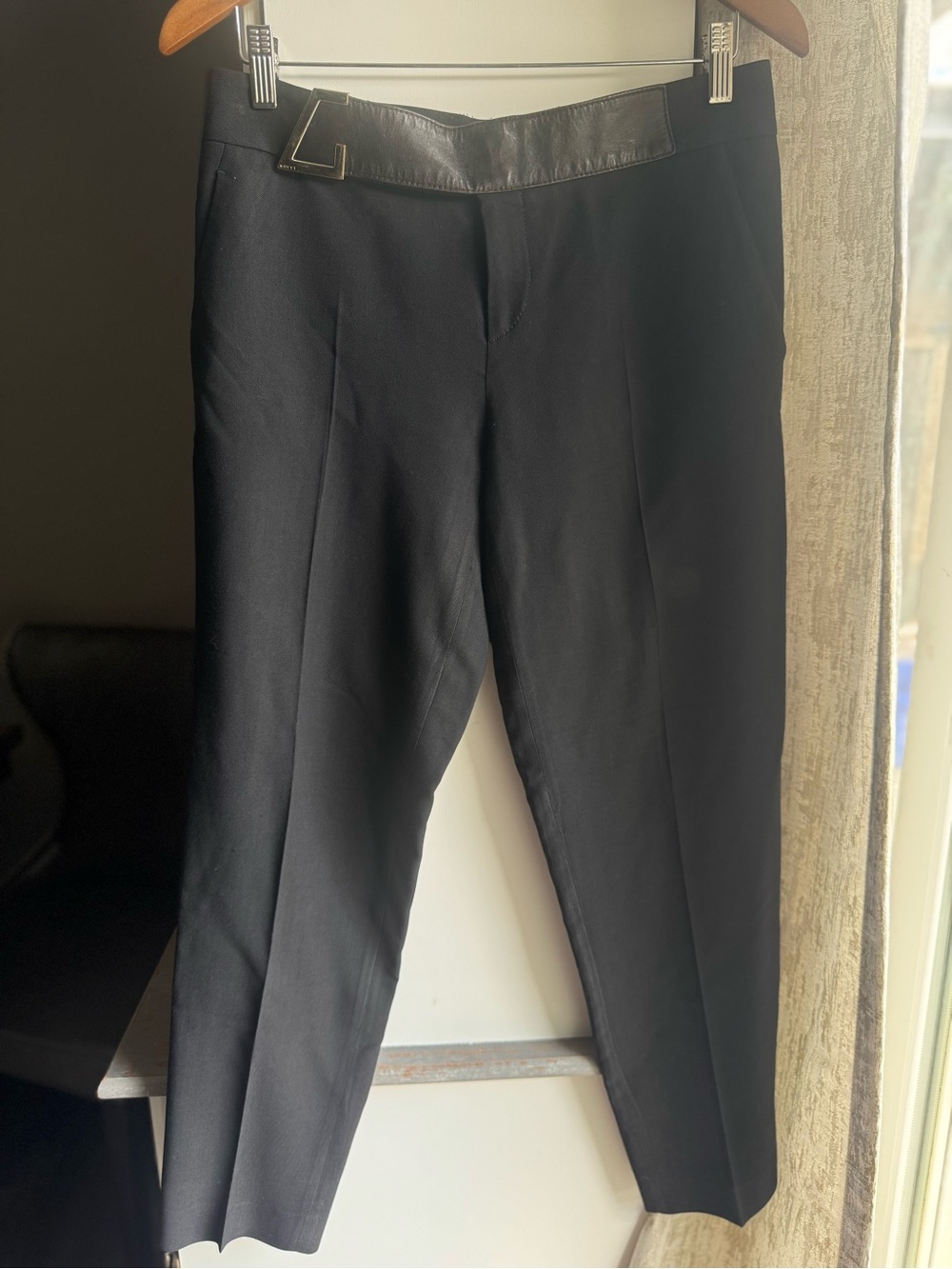 Gucci Black Tailored Dress Pants with Leather-Trim Waistband Authentic